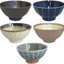 Set of 5 Japanese Ceramic Striped Ichichin Rice Bowls, Deep Soup & Eating Bowls with Distinctive Three-Dimensional Lines, Convenient, Stackable, for Cooking Prep & Serving (Black)