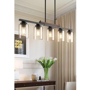 Amico Dining Room Light Fixture 5-Light Kitchen Island Lighting with Adjustable Rods, Farmhouse Decor Black Metal & Wood Chandelier with Seeded Glass Shade, Island Lights for Kitchen