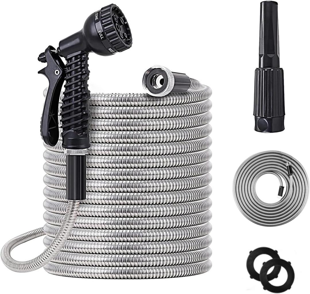 50ft Metal Garden Hose Stainless Steel Heavy Duty Water Hose With 2 Nozzles, No Tangle and Kink, Lightweight & Flexible, Tough and Pet Proof, Metal Garden Hose for Yard, RV, Garden, Outdoor