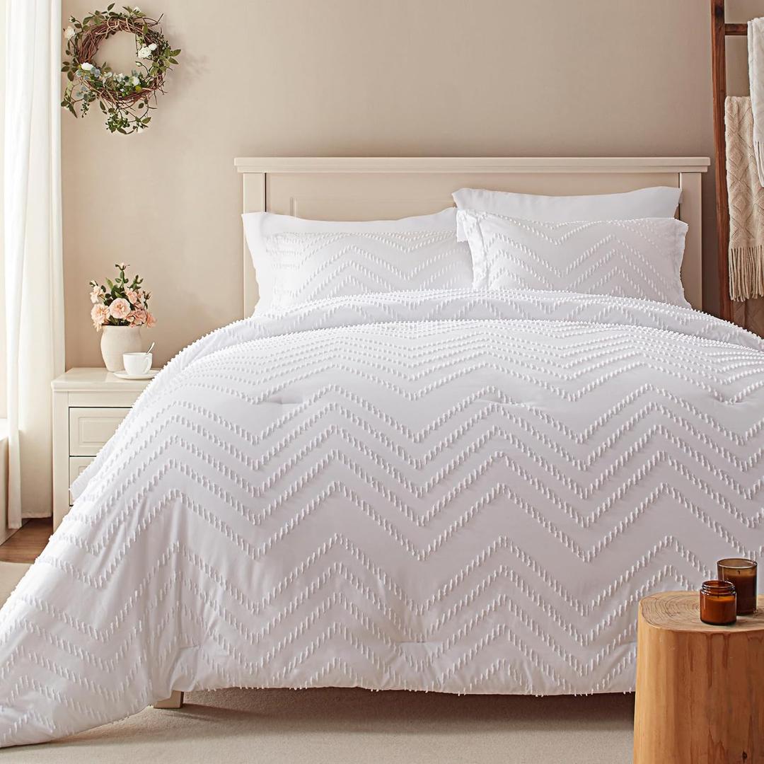 Anluoer King Bed in a Bag 7 Pieces, White Tufted Comforter Set with Comforters, Pillow Shams, Pillowcases, Flat Sheet, Fitted Sheet - All Season Bedding