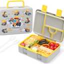rockpapa 5 Compartment Bento Lunch Box for Kids, Leak Proof, Dishwasher Safe, BPA Free Materials, 47oz Snack Bento Box with Utensils & Handle for Boys Girls Ages 3+ (Grey Constr Trucks) (w/o Ice Pack - 9.1 x 7.5 x 2.9 inch)