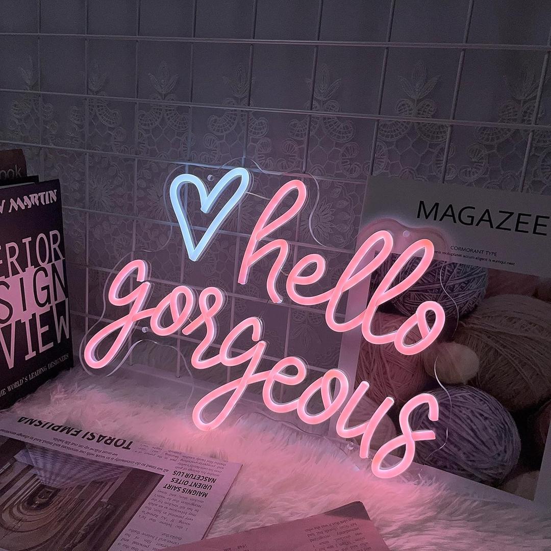 Hello Gorgeous Neon Sign for Wall Decor Led Neon Light Heart Decorative for Girl Bedroom Birthday Wedding Party Romantic Art Wall Lights Gifts USB Powered Acrylic Light for Beer Bar Club