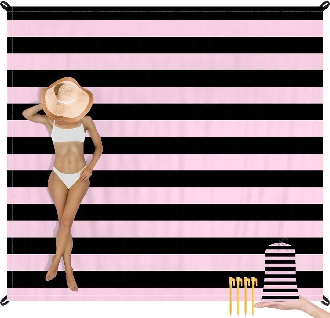 Beach Blanket Waterproof Sandproof, 78''86'' Large Beach Mat for 2-4 Adults with Stakes, Sand Free Quick Dry Lightweight Outdoor Picnic Blankets for Travel, Camping, Hiking (Black Pink Stripe)