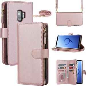 iCoverCase for Samsung Galaxy S9 Wallet Case with Card Holder for Women, Crossbody Lanyard Strap Kickstand PU Leather Case with Zipper Pocket Credit Card Slots Cover (Rose Gold)
