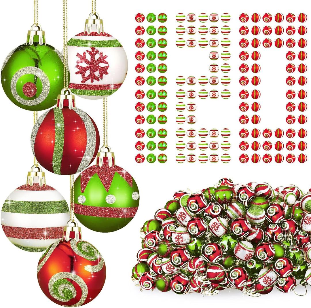 Wettarn 120 Pcs Mini Glitter Christmas Elf Ball Ornaments for Tree 1.18'' Swirl Dots Snowflake Red Green and White Small Hanging Balls Bulk for Home Xmas Party Decorations(Classic Style)