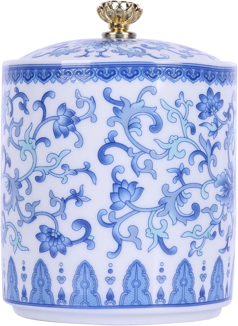 Mini Blue and White Porcelain Jar with Lid, Airtight Ceramic Spice/Tea/Condiment Container  Vintage Chinoiserie Decorative Accent, Small Vase, Storage Canister for Kitchen & Home Decor (Design F)
