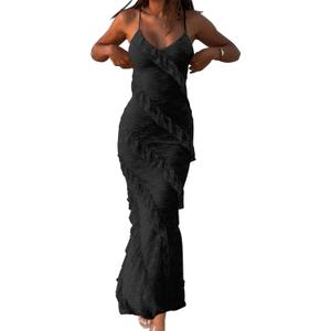 HOCILLE Women's Sexy V Neck Floral Lace Wedding Bodycon Spaghetti Strap Elegant Ruffle Maxi Cocktail Party Dresses Large