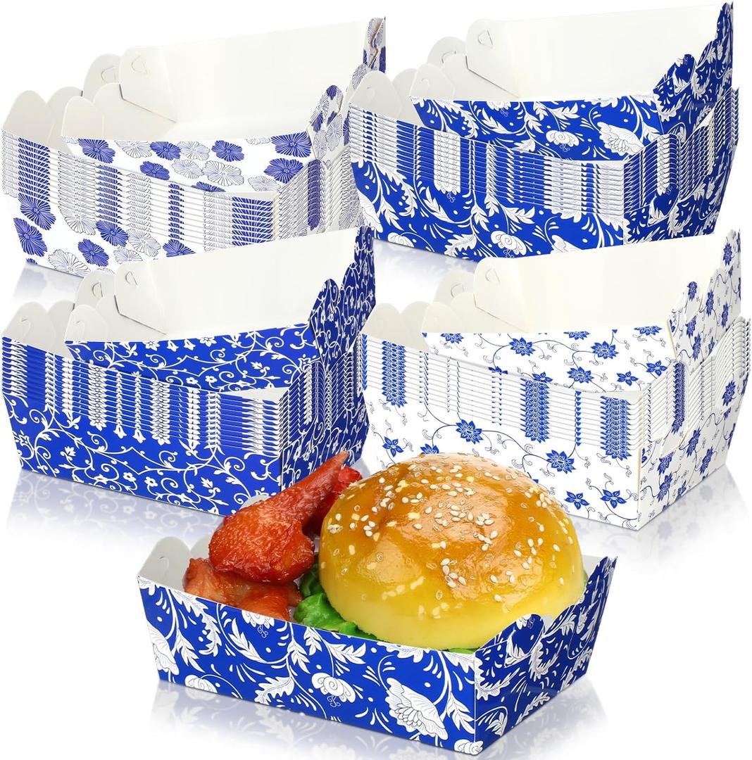 100 Pcs Blue White Floral Paper Food Trays Bulk 1.1 lb Disposable Food Boats White Blue Porcelain Chinoiserie Paper Serving Boat Tray for Bridal Shower Wedding Birthday Tea Party Decor