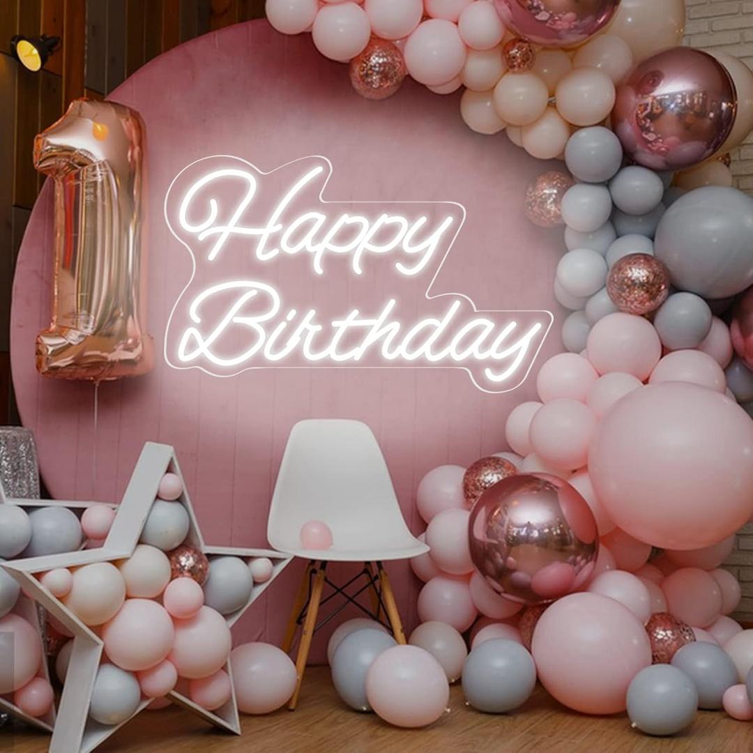 Happy Birthday Neon Sign 20 Inch Reusable LED Light Up Sign With Dimmable ON/OFF Switch for Party Backdrop Decoration, Wall Decor and Gifts (White)