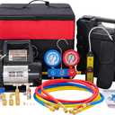 OLIXIS 110V 1/3 HP 4CFM Single Stage Vacuum Pump Kit with R134a Manifold Gauge Set, Leak Detector, 1/4" Hoses & Carry Bag for HVAC AC Refrigeration, ETL Listed, Black