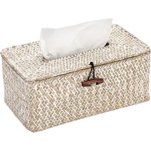 Sumnacon Rectangle Natural Seagrass Tissue Box Cover,Woven Tissue Box with Bottom,Farmhouse Tissue Box Holder for Living Room Bathroom Vanity Toilet Table Desk Countertop Office Car,Whitewash (Medium)