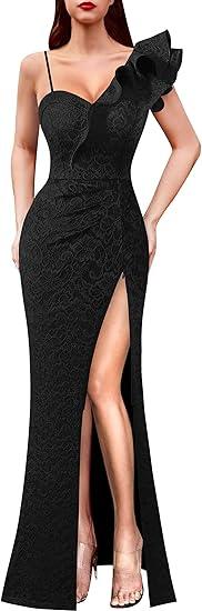 VFSHOW Women's Ruffle One Shoulder Strap Ruched Formal Prom Wedding Maxi Dress V Neck Elegant Split Cocktail Evening Long Gown,  Black Floral Lace, L VFSHOW Women's Ruffle One Shoulder Strap Ruched Formal Prom Wedding Maxi Dress V Neck Elegant Split Cocktail Evening Long Gown,  Black Floral Lace, L