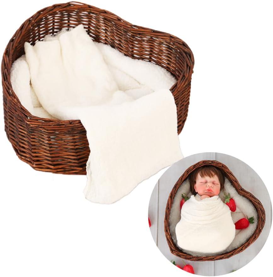 Kate Newborn Photography Props Brown Heart Shaped Rattan Basket Handcrafted Baby Doll Basket Set for Baby Photography Photoshoot with White Pillow and Mat and Stretch Wrap