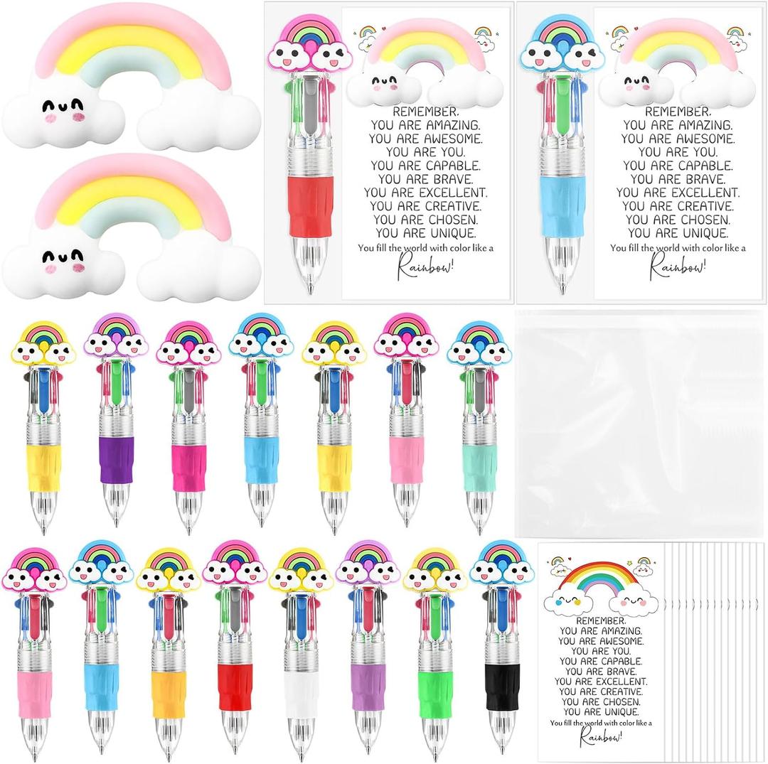 TaoBary 45 Sets Back to School Gifts for Student Rainbow Motivational Support Pens Bulk 4-in-1 Multicolor Ballpoint Pen Squeeze Mini Stress Balls Inspirational Card for Rewards Party Favors