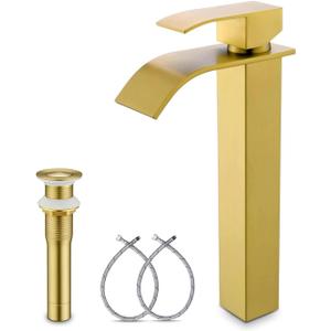 Gold Vessel Sink Facuet, Brushed Gold Tall Bathroom Sink Faucet Waterfall Bathroom Faucet for Vessel Sinks Single Handle Bathroom Vanity Faucet