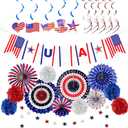 4E's Novelty 24 Pcs Patriotic Hanging Decorations, 6 Pcs Hanging Patriotic Banner Paper Fans Red White Blue Decor with Star Streamer, American Independence Day Sign with USA Flag Indoor Outdoor Decor