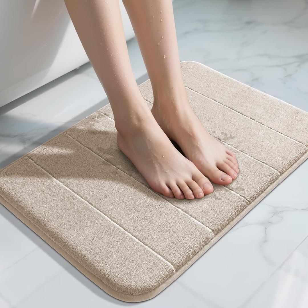 Yimobra Memory Foam Bath Mat, Super Soft Absorbent Bathroom Rug Non Slip, Quick Dry, Machine Washable Floor Carpet for Tub Shower, Home Decor Accessories, 24x17, Beige