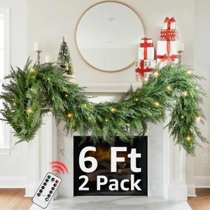 Christmas Cedar Garland Realistic - 2 Pack Cypress Decorations with Lights 6ft for Mantle Lighted Faux Pine Garlands for Xmas Home Decoration Indoor Stairs Railing Fireplace Outdoor Prelit Door Decor