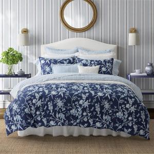 Laura Ashley- King Comforter Set, Cotton Reversible Bedding Set, Includes Matching Shams with Bonus Euro Shams & Throw Pillow Covers (Branch Toile Blue, King)