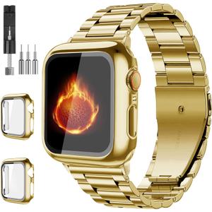 Compatible with Apple Watch Band 49mm 46mm 44mm 45mm 42mm 40mm 38mm 41mm, Stainless Steel iWatch Bands with 2 Pack Tempered Glass Screen Case for Series 10/9 Ultra 2 8/7/6/5/4/3/2/1/SE for Men (Gold)