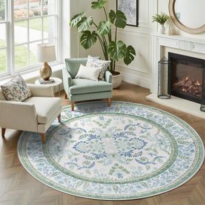 DCX Area Rug 4x4 Botanical Floral Washable Rugs in Green and Blue Soft Non Slip Low Pile Stain Resistant Round Carpet for High-Traffic Areas Bedroom Kitchen