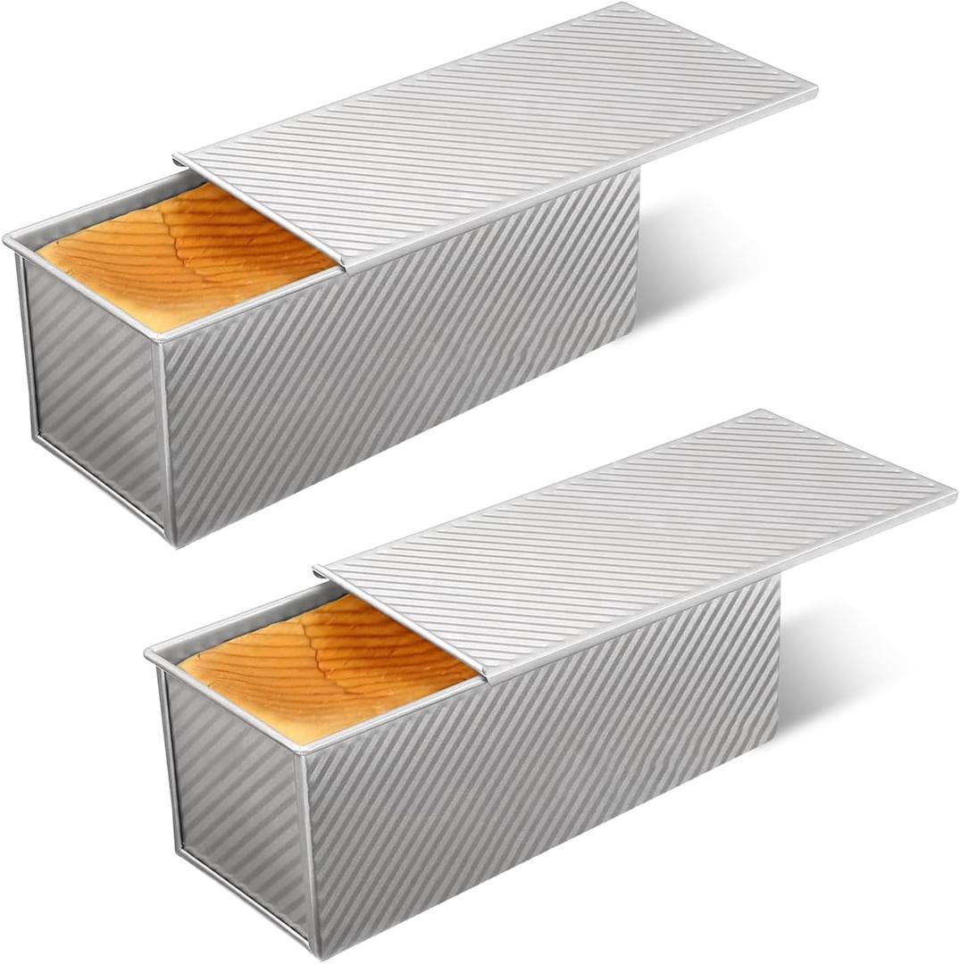 XUOHEAD 2 Pack Large Pullman Loaf Pan with Lid，Nonstick Bakeware Bread Pan，2.2lb，Bread Pans for Homemade Bread/ Toast/ Sourdough，Sandwich Bread Loaf Pan，Silver