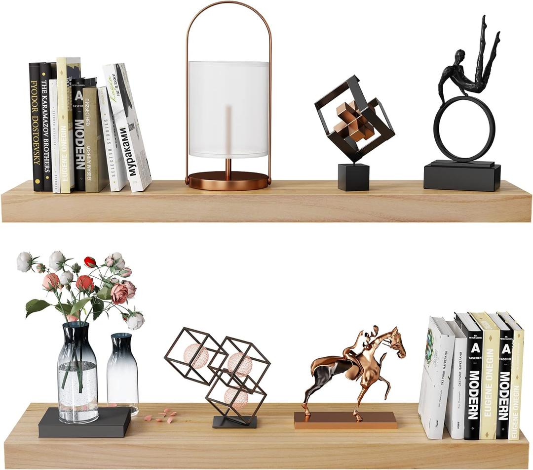 Habudda Floating Shelves for Wall, Bathroom Bedroom Kitchen Book Shelf, Rustic Wooden Home Decor Plant Display, Varnished Natural Solid Wood, Mounted Invisible Bracket, 30" Set of 2 (30"×6.7"×1.6")