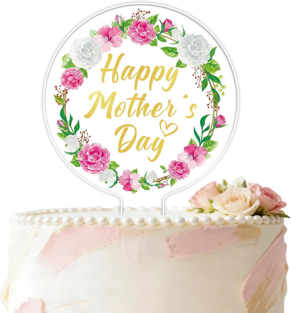 Happy Mothers Day Cake Topper, Acrylic Flower Love Heart Mom Cake Decorations, Mothers Day Cupcake Topper and Centerpieces for Mom Birthday Party Supplies Mother's Day Decorations - Gold and Pink