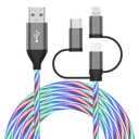 3FT Multi Charger Cable Light up 3 in 1 Charging Cable Multi USB Cable Fast Charging Cord with Type-C, Micro USB and IP Port, Compatible with Most Phones & iPads (Multicolored)