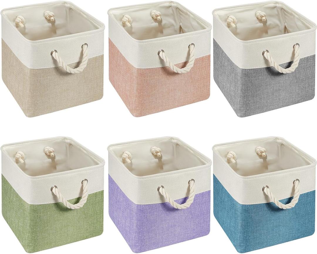 Geiserailie 6 Pcs 11 x 11 Inch Cube Storage Bins Fabric Storage Organizer Bins Foldable Cube Baskets with Sturdy Carry Handles Wicker Baskets for Home (Multicolored)