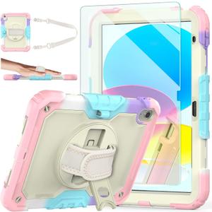 Ambison Case for iPad A16 11th/10th Generation 11"/10.9'' 2025/2022,Heavy Duty Shockproof Case with Tempered Glass Screen Protector, 360 Rotating Handle Strap&Stand,Shoulder Strap-Pink