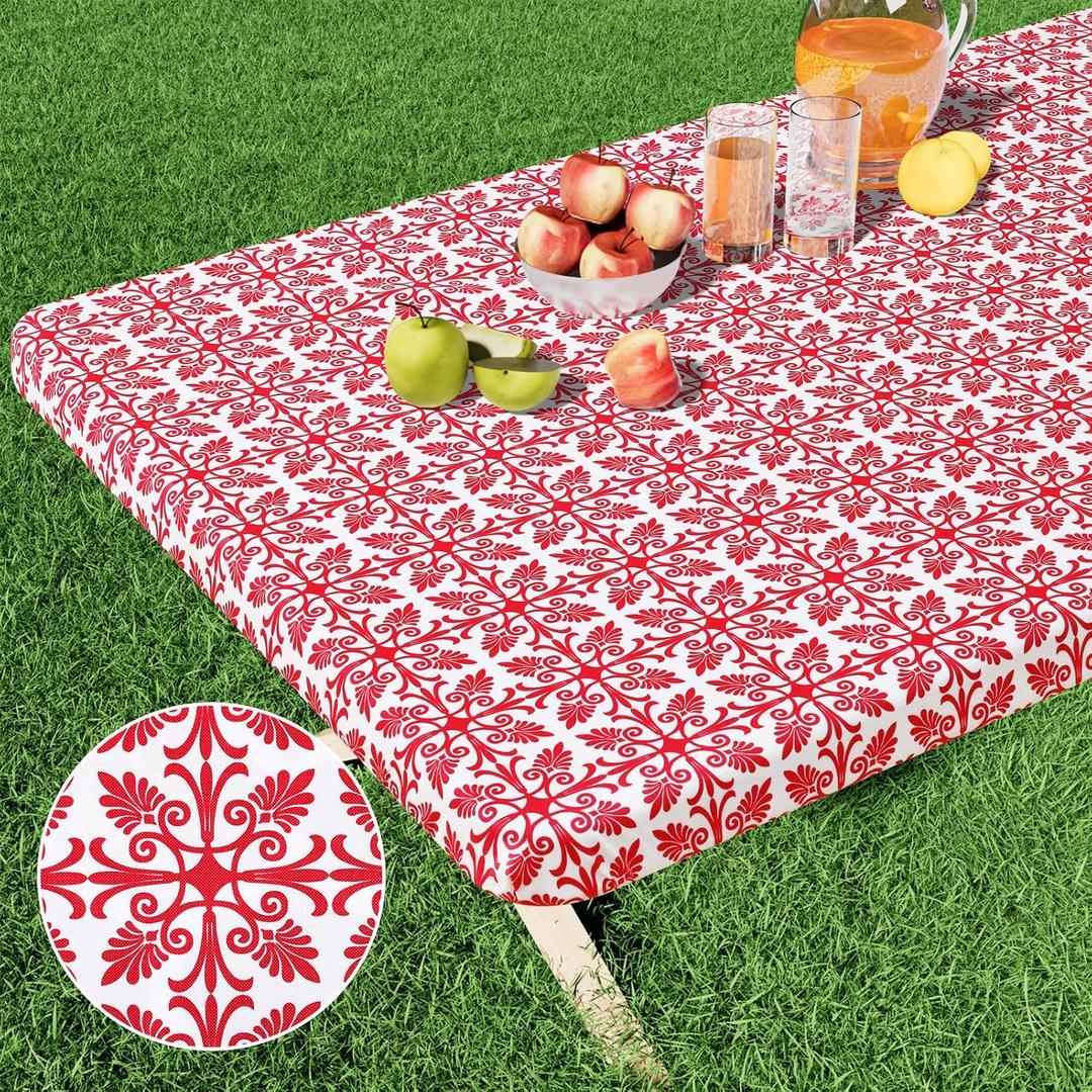 misaya Rectangle Vinyl Table Cloth, Elastic Fitted Flannel Backed Tablecloth, 100% Waterproof Plastic Table Cover Fits 6 Foot Folding Tables for Picnic, Camping, Outdoor (Red, 30" x 72")
