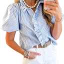 ETCYY Puff Sleeve Tops for Women Summer Striped Ruffle Tops Trendy Button Down Plaid Shirts Puffy Ruffle Collar Blouse,Striped Blue,Medium