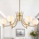 29.5" Vintage Glass Globe Chandelier 6-Light Gold Modern Sputnik Pendant Light with Milk White Glass Shades Mid Century Adjustable Hanging Light for Dining RoomKitchen Living Room Bedroom, Large