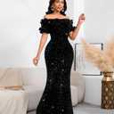 Dasmzper Women Sexy Sequin Off Shoulder Ruffle Short Sleeve Bodycon Mermaid Party Formal Evening Maxi Dress (Black, XXL)