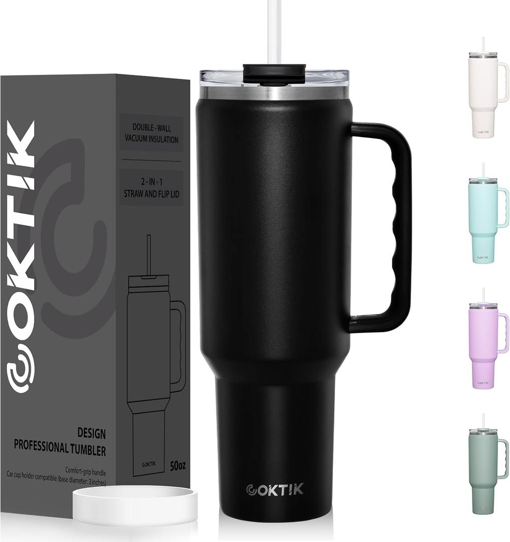 50oz Tumbler With Handle and Straw Lid, Vacuum Insulated Travel Coffee Mug Stainless Steel Insulated Cup for Beverages, Leak-proof, Cupholder Friendly(Black)