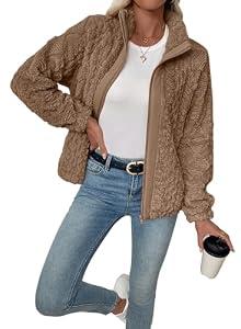 EVALESS Jackets for Women Fashion 2025 FLeece Jacket Fall Outfits Business Casual Womens Winter Clothes Cropped Coat Sherpa Jacket Warm Long Sleeve Zip Up Brown Coat with Pockets, Small