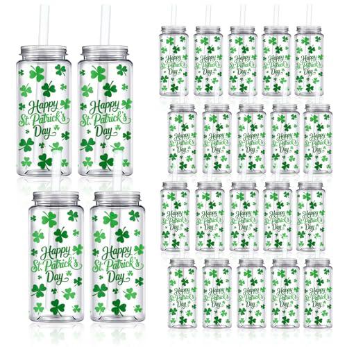 Whaline 20 Pcs Happy St. Patrick's Day Plastic Cups with Lids and Straws Clear Party Drinking Cups Green Shamrock Clover Reusable Tumblers for Irish Holiday Party Supplies