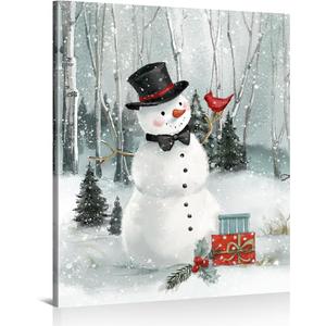 1 KINGO Snowman Christmas Wall Art Decor: Merry Christmas Posters Canvas Wall Hangings Winter Scene Picture Cardinal Bird Prints Paintings Xmas Holiday Living Room Home Decor Aesthetic 12"x15