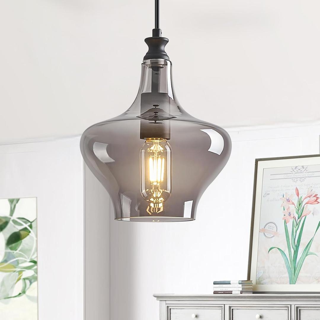 Modern Glass Pendant Light 7.87in Light Grey Glass Shade Black Farmhouse Island Pendant Lights for Kitchen Pendant Lighting Over Sink Bedroom Dining Room