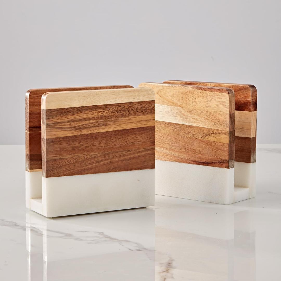 Marble Wood Napkin Holder, Square Heavy Duty Table Standing Tissue Dispenser, Handmade Natural Wood and Marble Tissue Holder, Napkin Dispenser for Home, Kitchen Countertop, Dining Room-1 Piece