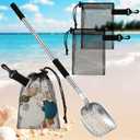 Gisafai 3 Pcs Heavy Duty Sand Flea Rake Beach Sand Sifter Shovel with Mesh Beach Bag Mesh Dipper with Removable Handle Drawstring Bag with Clip Shell Collecting Filter Scooper for Picking up Shells
