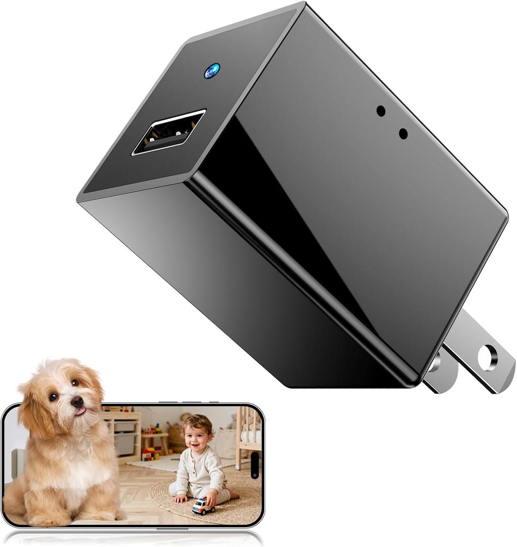 1080P HD Wireless WiFi Camera Charger for Home with App Control, Motion Detection, Night Vision & Loop Recording, 150 Indoor Security Camera with USB Phone Charger for Office/Shop/Pet,User-Friendly