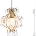 Elegant Mini Chandelier Plug in Crystal Pendant Light,Golden