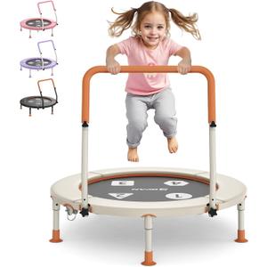 BCAN 36'' Toddler Trampoline, ASTM Certified-Foldable Mini Trampolines for Kids Ages 1-6, Adjustable Handle, Safety Pad & Foldable Legs, Baby Trampoline Indoor/Garden, Gift for Boy and Girl (Beige-Classic)