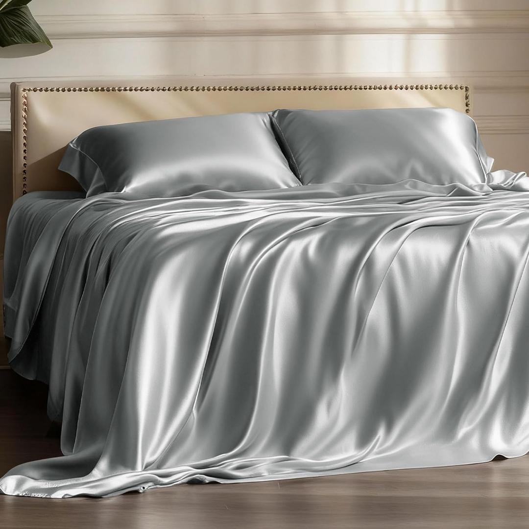 Bedsure Satin Sheets Full Size - 4 Piece Silky Bedsheets with 15 Inches Deep Pocket Fitted Bedsheet,1 Flat Sheet, 2 Satin Pillowcases, Good for Hair & Skin (Full, Silver Grey)