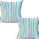 All Smiles Spring Outdoor Blue Throw Pillow Covers for Patio Bench Garden Porch Sunbrella Furnitures Sage Lines Stripes Cushion Cases Decorative 20x20 Set of 2 for Sofa Couch
