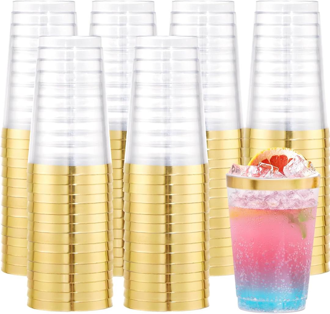 Supernal 200pcs Gold Plastic Cups, 12oz Clear Plastic Drinking Cups, Disposable, Durable, Lightweight, Reusable for Hot & Cold Drinks, Weddings, Parties