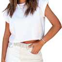 Tankaneo Womens Short Sleeve Cropped T-Shirts Summer Rolled Dolman Sleeve Crop Tops Casual Round Neck Solid Short Basic Tees, White, Small