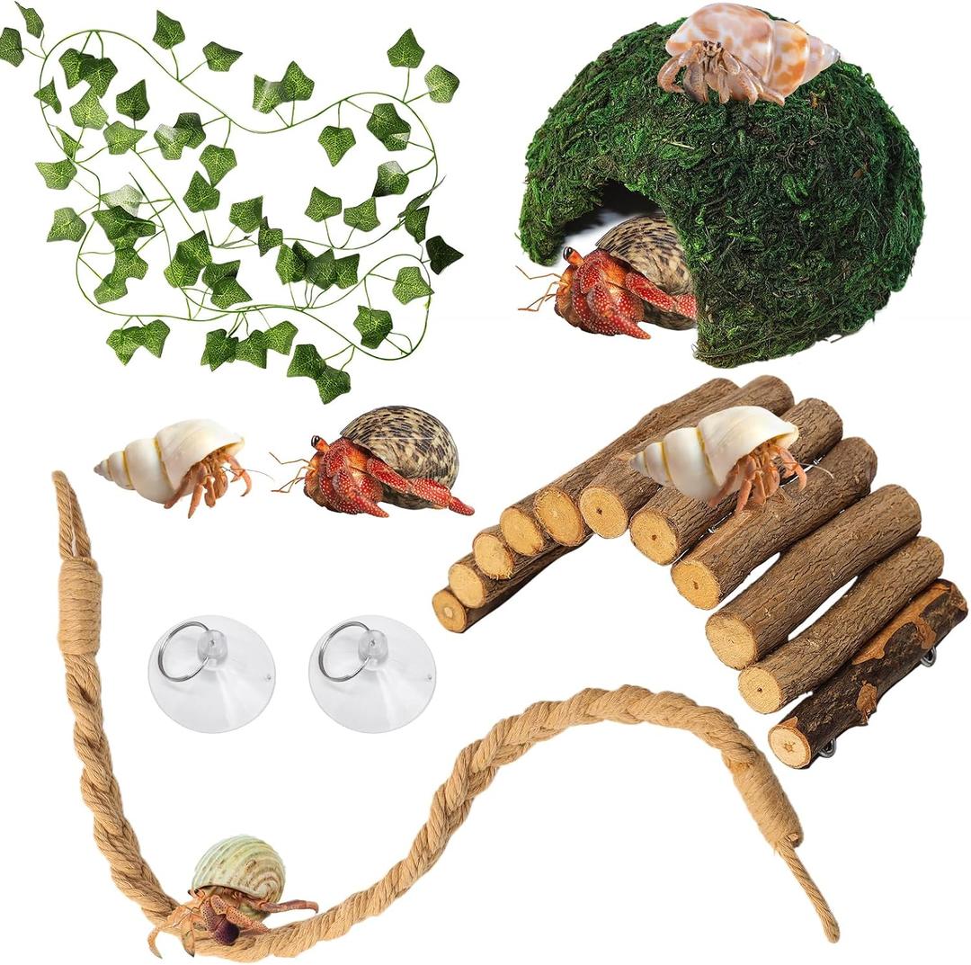Hermit Crab Accessories, Hermit Crab Climbing Toys, Bendable Rope Bridge Wooden Shell Hideout Hut Plants for Reptile Amphibians Hermit Crab Tank Accessories Supplies